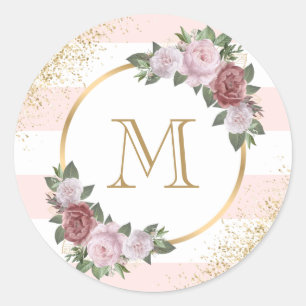 Monogram Blush Pink Gold Confetti Floral Classic Round Sticker
