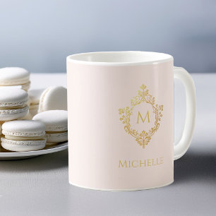 Monogram Blush Pink Gold Vintage Ornate Crest Name Coffee Mug