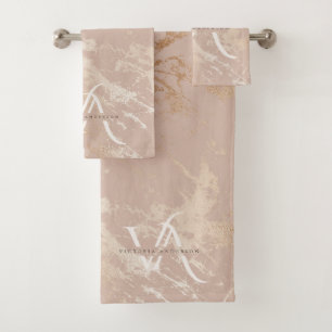 Monogram Blush Pink Marble Gold Foil Trendy Custom Bath Towel Set