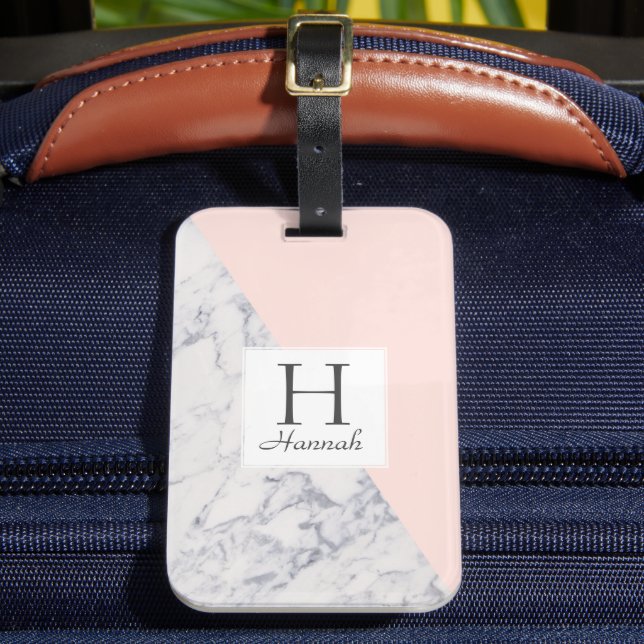 Monogram Blush Pink Marble Pattern Girly Luggage Tag (Front Insitu 2)
