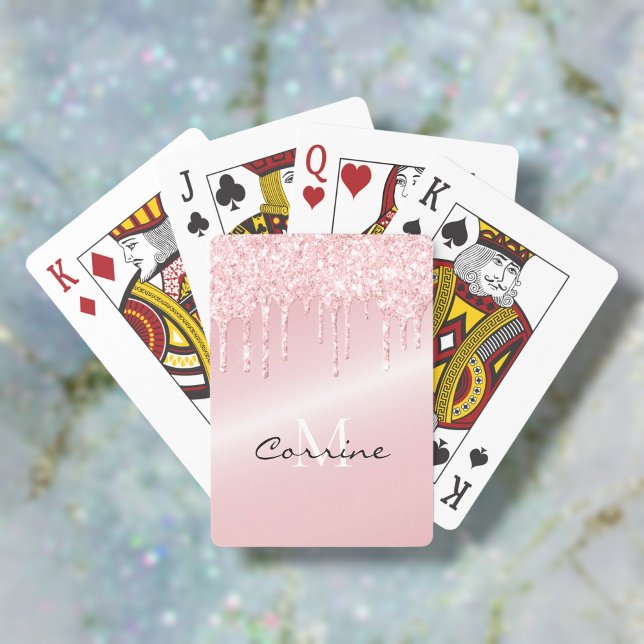 Monogram Blush Pink Metallic Dripping Glitter Playing Cards (Creator Uploaded)