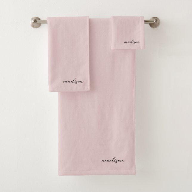 Monogram Blush Pink Modern Minimalist Feminine Bath Towel Set (Insitu)
