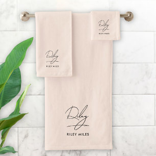 Monogram Blush Pink Modern Minimalist Signature Bath Towel Set