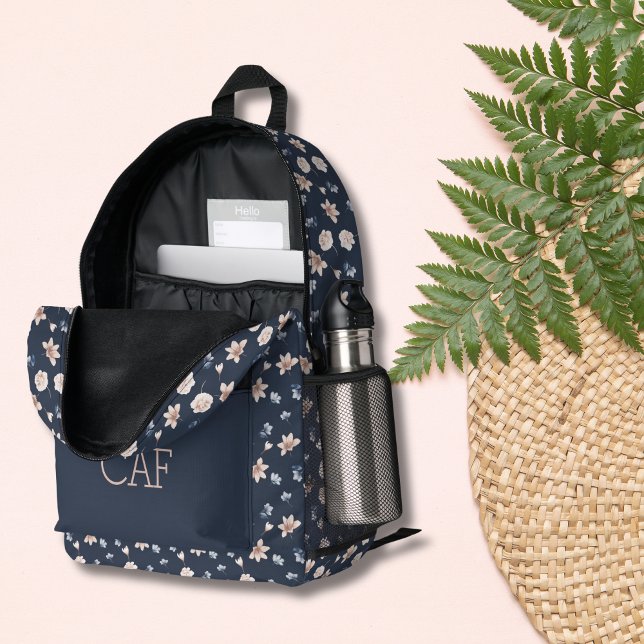 Monogram Blush Pink Navy Blue Floral Flowers Printed Backpack (Navy Blue and Blush Pink Floral Flowers Monogrammed Initials name Personalized Back Pack)