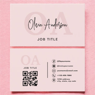 Monogram Blush Pink QR Code Modern Minimalist  Business Card