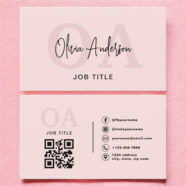 Monogram Blush Pink QR Code Modern Minimalist  Business Card (Creator Uploaded)