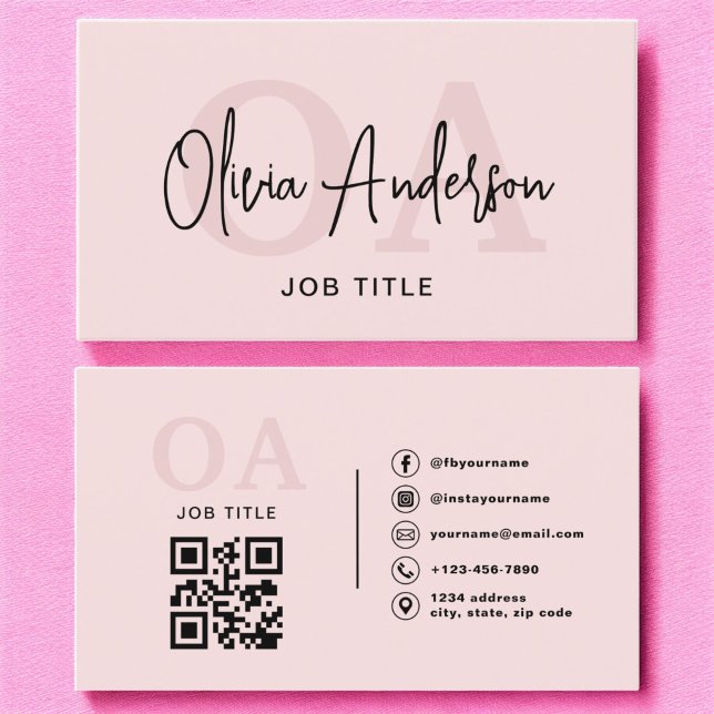 Monogram Blush Pink QR Code Modern Minimalist  Business Card (Creator Uploaded)