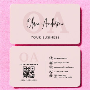 Monogram Blush Pink QR Code Modern Minimalist  Business Card
