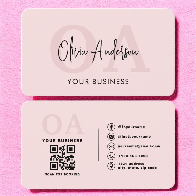 Monogram Blush Pink QR Code Modern Minimalist  Business Card (Creator Uploaded)