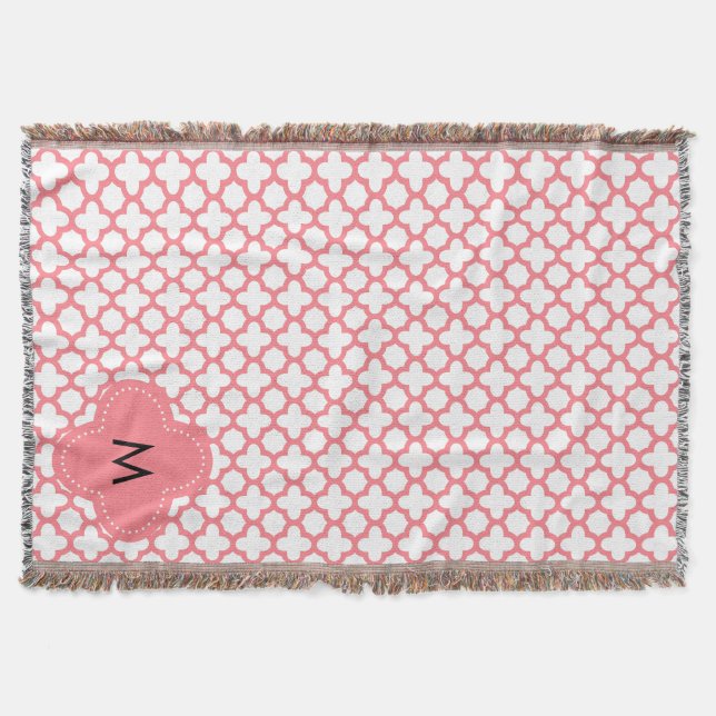 Monogram Blush Pink Quatrefoil Pattern Throw Blanket (Front)