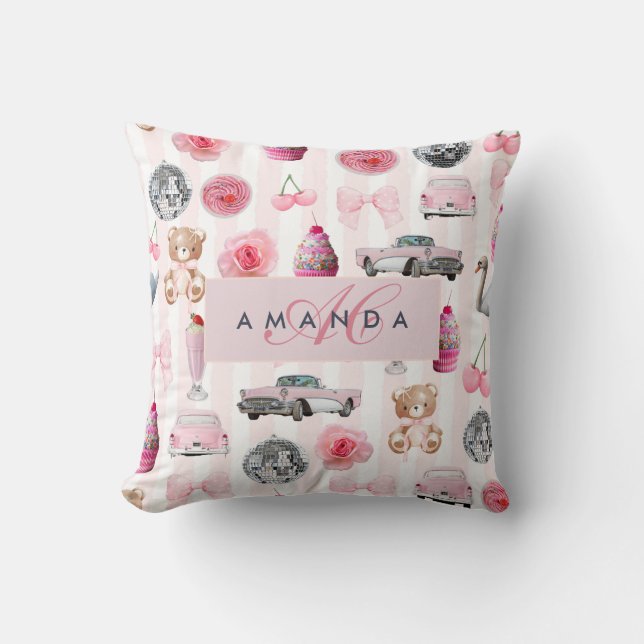 Monogram Blush Pink Retro Disco Ball Coquette  Cushion (Front)