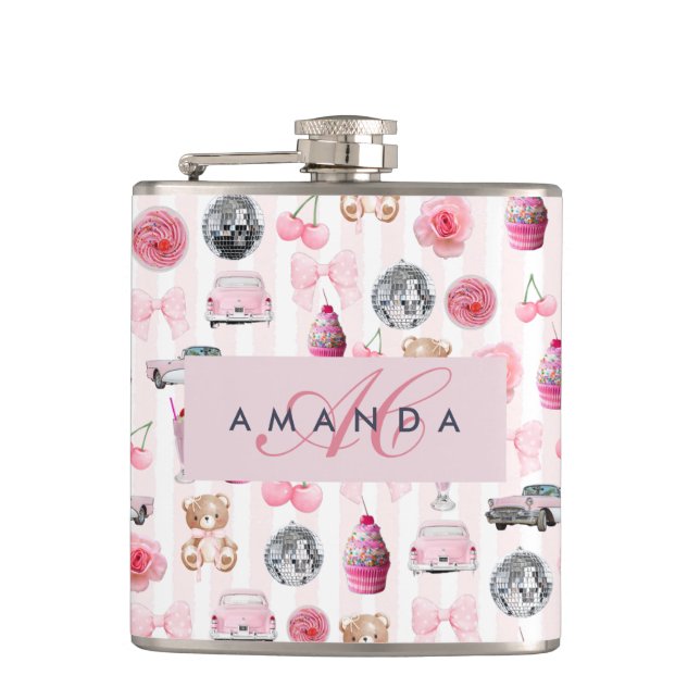 Monogram Blush Pink Retro Disco Ball Coquette  Hip Flask (Front)