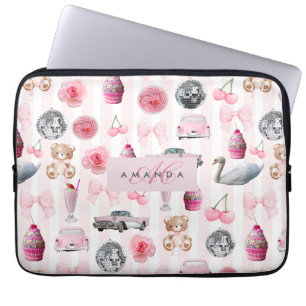Monogram Blush Pink Retro Disco Ball Coquette Laptop Sleeve