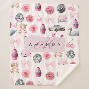 Monogram Blush Pink Retro Disco Ball Coquette Sherpa Blanket