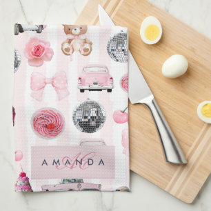 Monogram Blush Pink Retro Disco Ball Coquette  Tea Towel