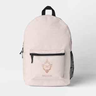 Monogram Blush Pink Rose Gold Crest & Custom Name Printed Backpack