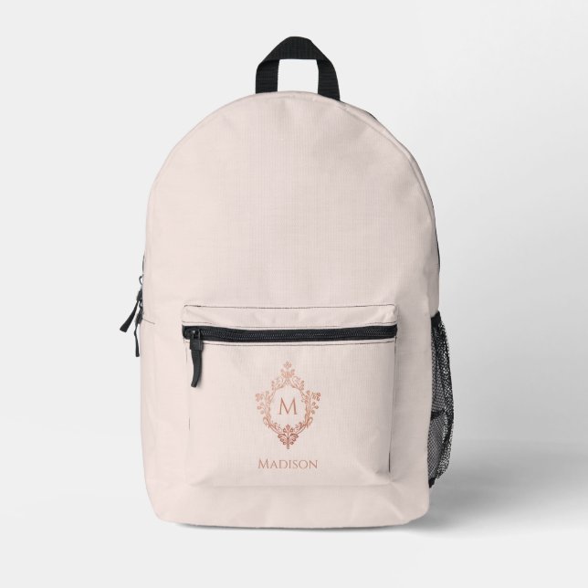 Monogram Blush Pink Rose Gold Crest & Custom Name Printed Backpack (Front)