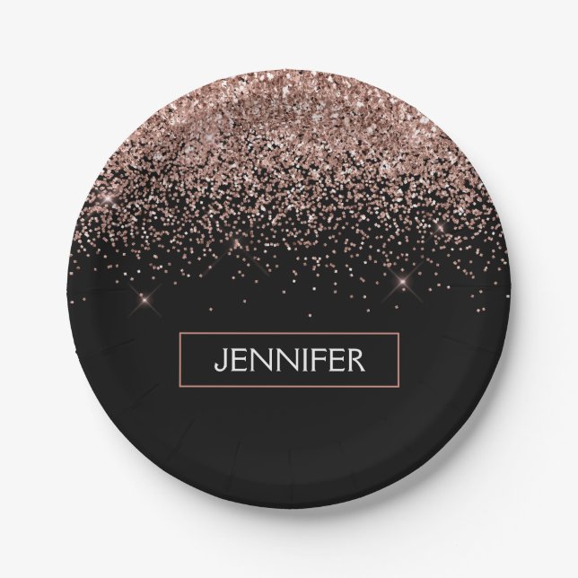 Monogram Blush Pink Rose Gold Glitter & Sparkle Paper Plate (Front)