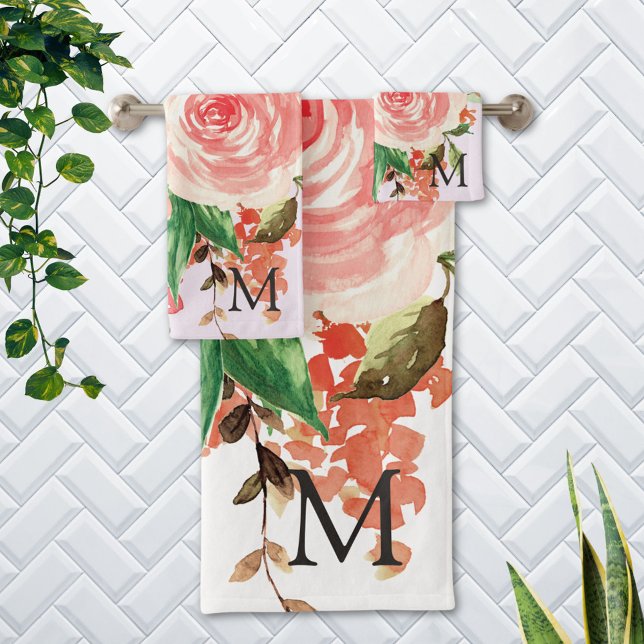 Monogram Blush Pink Spring Flower Floral Bouquet Bath Towel Set (In situ Bathroom wall)