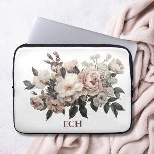 Monogram Blush Pink White Vintage Rococo Florals Laptop Sleeve