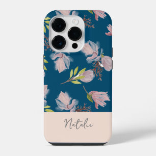 Monogram Boho and beautiful navy blue and pink iPhone 14 Pro Case