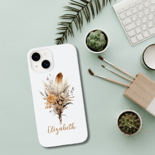Monogram Boho Floral Brown Beige White Grey iPhone 14 Case