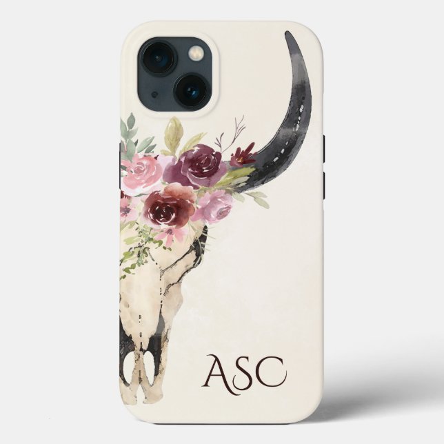 Monogram Boho Floral Skull on Cream Background Case-Mate iPhone Case (Back)