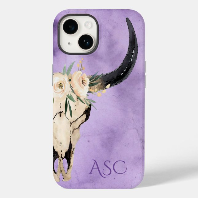 Monogram Boho Floral Skull on Purple Background Case-Mate iPhone Case (Back)