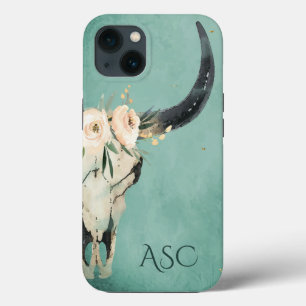Monogram Boho Floral Skull on Turquoise Background iPhone 13 Case