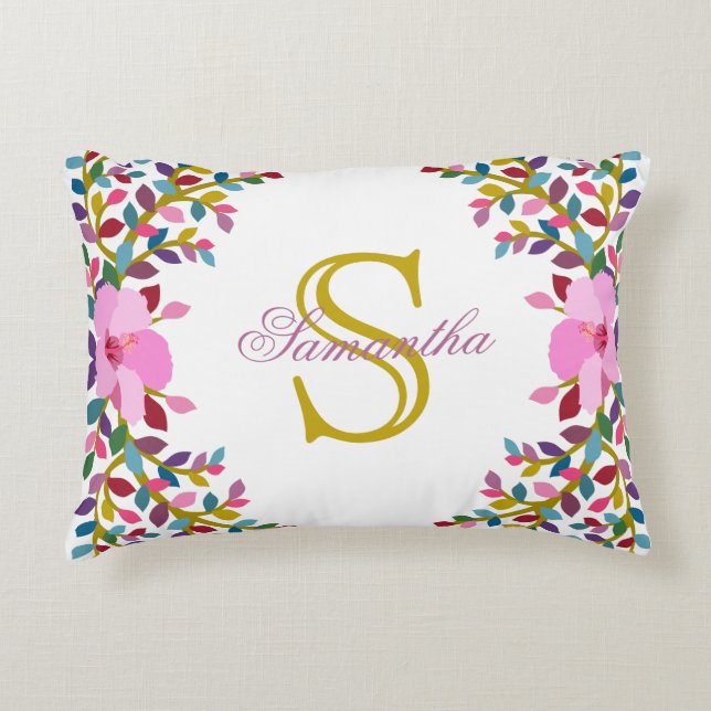 Monogram Boho Foliage & Hibiscus Accent Pillow (Front)