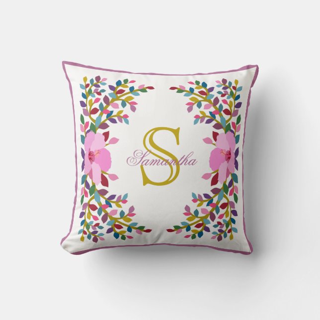 Monogram Boho Foliage Hibiscus Throw Pillow (Front)