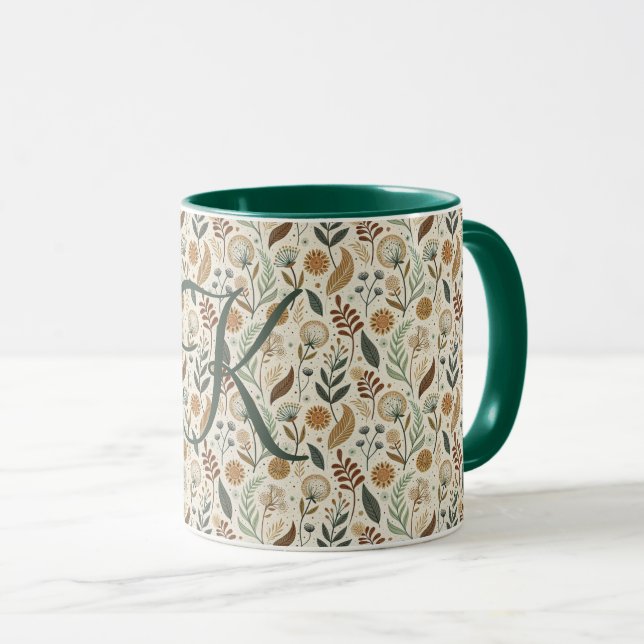 Monogram Boho Leaves Botanical Brown Green Beige Mug (Front Right)