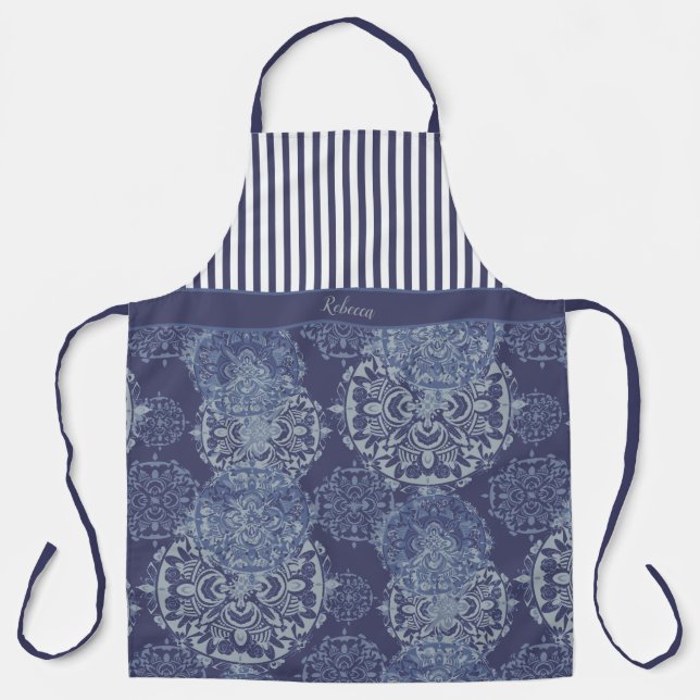 Monogram Boho Moody Denim Blue Mandalas & Stripes  Apron (Front)