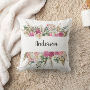 Monogram Boho Pink Floral Pampas Grass Botanical Cushion