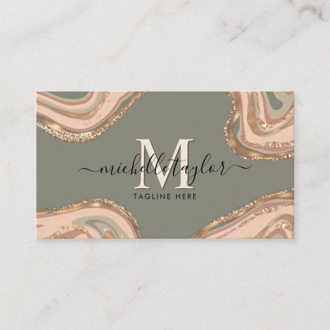 Monogram Boho Sage Green Earth Tones Agate  Busine Business Card (Front)