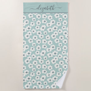Monogram Boho Sage Green White Grey Floral Beach Towel
