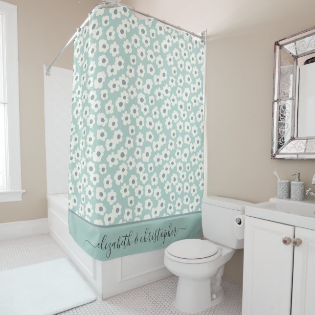 Monogram Boho Sage Green White Grey Floral   Shower Curtain (In Situ)