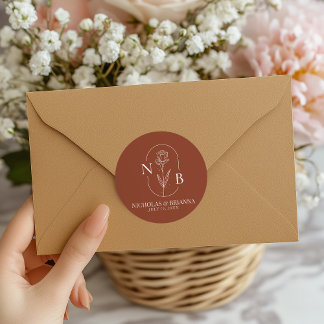 Monogram Boho Terracotta Burnt Orange Wedding Classic Round Sticker