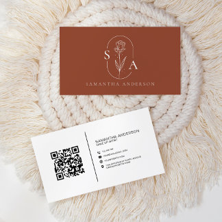 Monogram Boho Terracotta QR Code Modern Business Card
