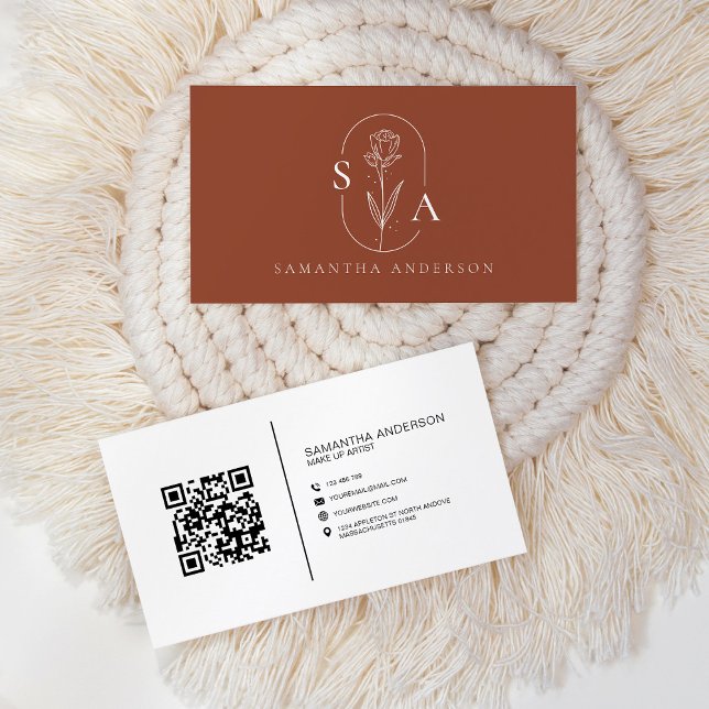Monogram Boho Terracotta QR Code Modern Business Card (Creator Uploaded)