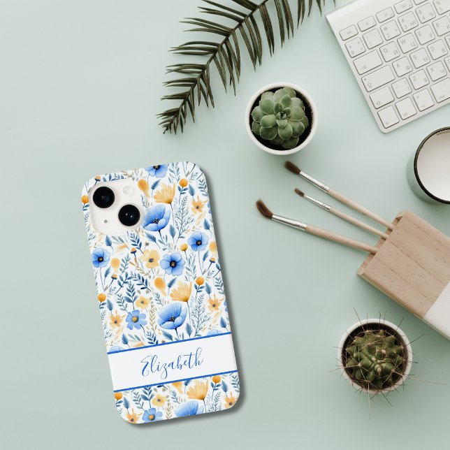 Monogram Boho Wildflowers Blue Yellow Floral Case-Mate iPhone Case (Monogrammed Boho Blue Yellow Wildflowers iPhone case)