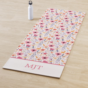 Monogram Boho Wildflowers Pink Purple Orange Beige Yoga Mat