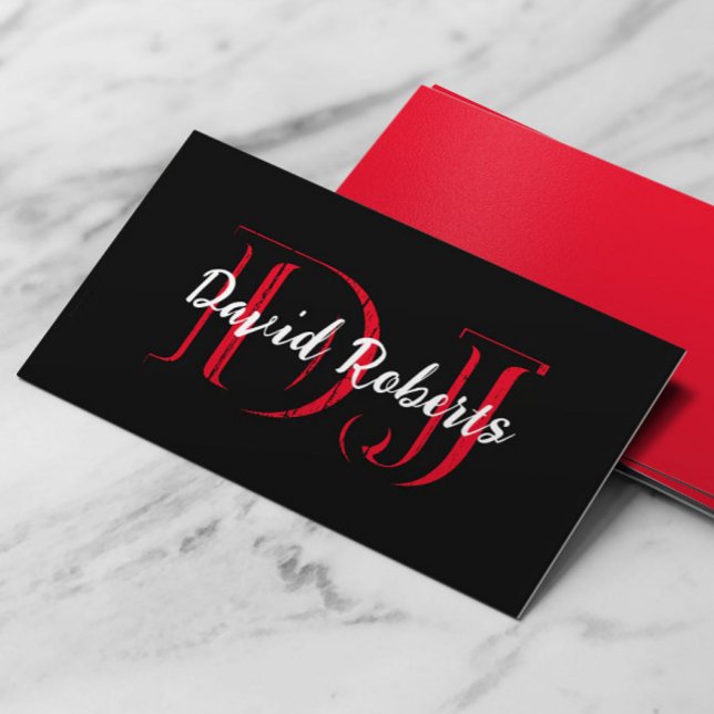 Monogram Bold Black & Red Professional DJs Business Card (Creator Uploaded)