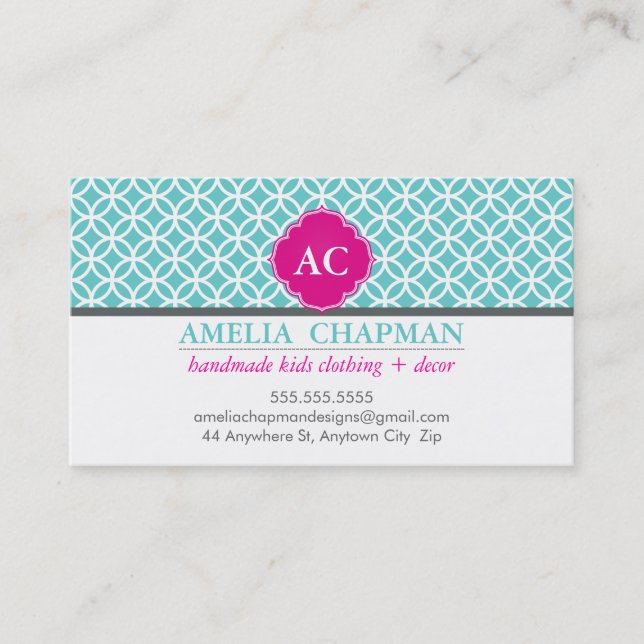 MONOGRAM bold geometric circles turquoise pink Business Card (Front)