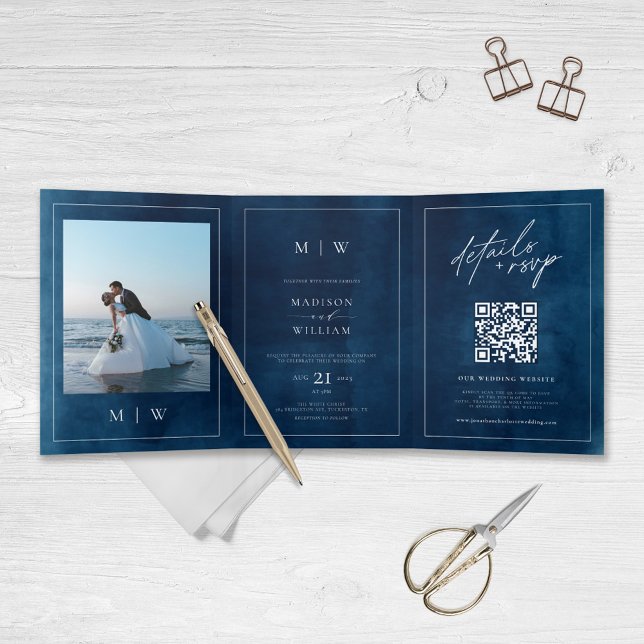 Monogram & Border Elegant Navy Blue Wedding Tri-Fold Invitation (Creator Uploaded)