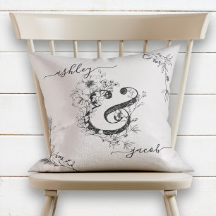 Monogram Botanical Ampersand Modern Script Blush Cushion