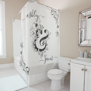Monogram Botanical Ampersand Modern Script Blush Shower Curtain