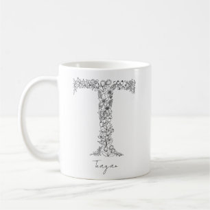 Monogram Botanical Floral Black White Letter T Coffee Mug