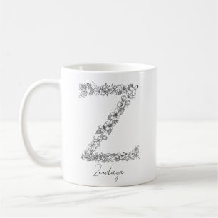 Monogram Botanical Floral Black White Letter Z Coffee Mug