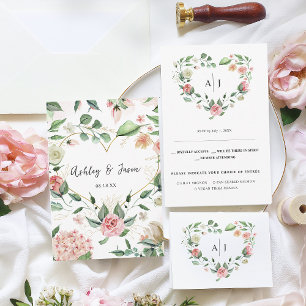 Monogram   Botanical Floral Heart Wedding RSVP Announcement